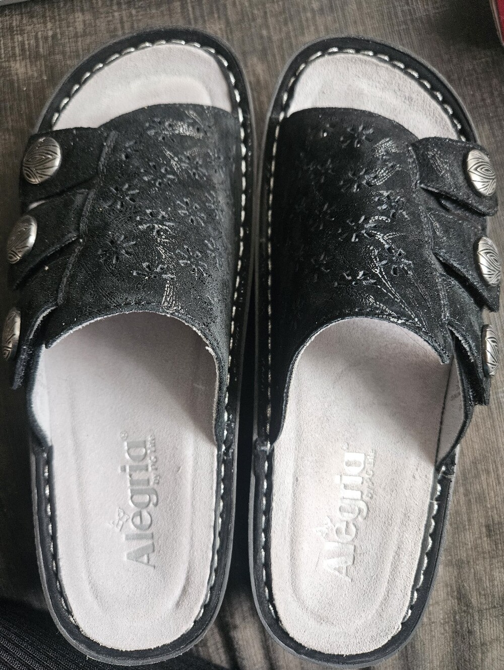 Alegria Black Embroidered Double-Button Slide Clogs